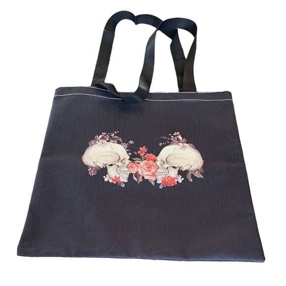 Skulls & Pink Roses Black Fabric Canvas Strap Everyday Tote Bag - Picture 2 of 5